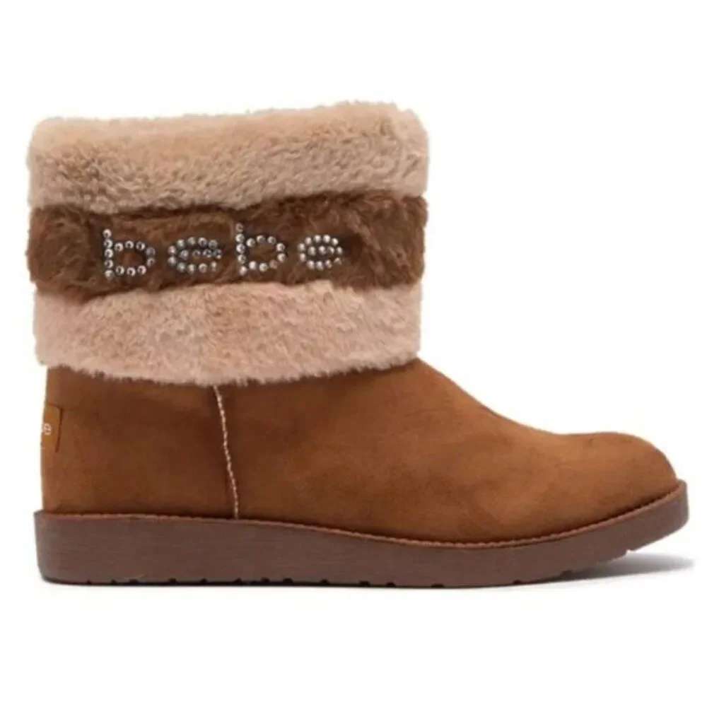 BEBE Women's Faux Fur Trim Boots ‎Rhinestone Stud Logo Winter Brown $99